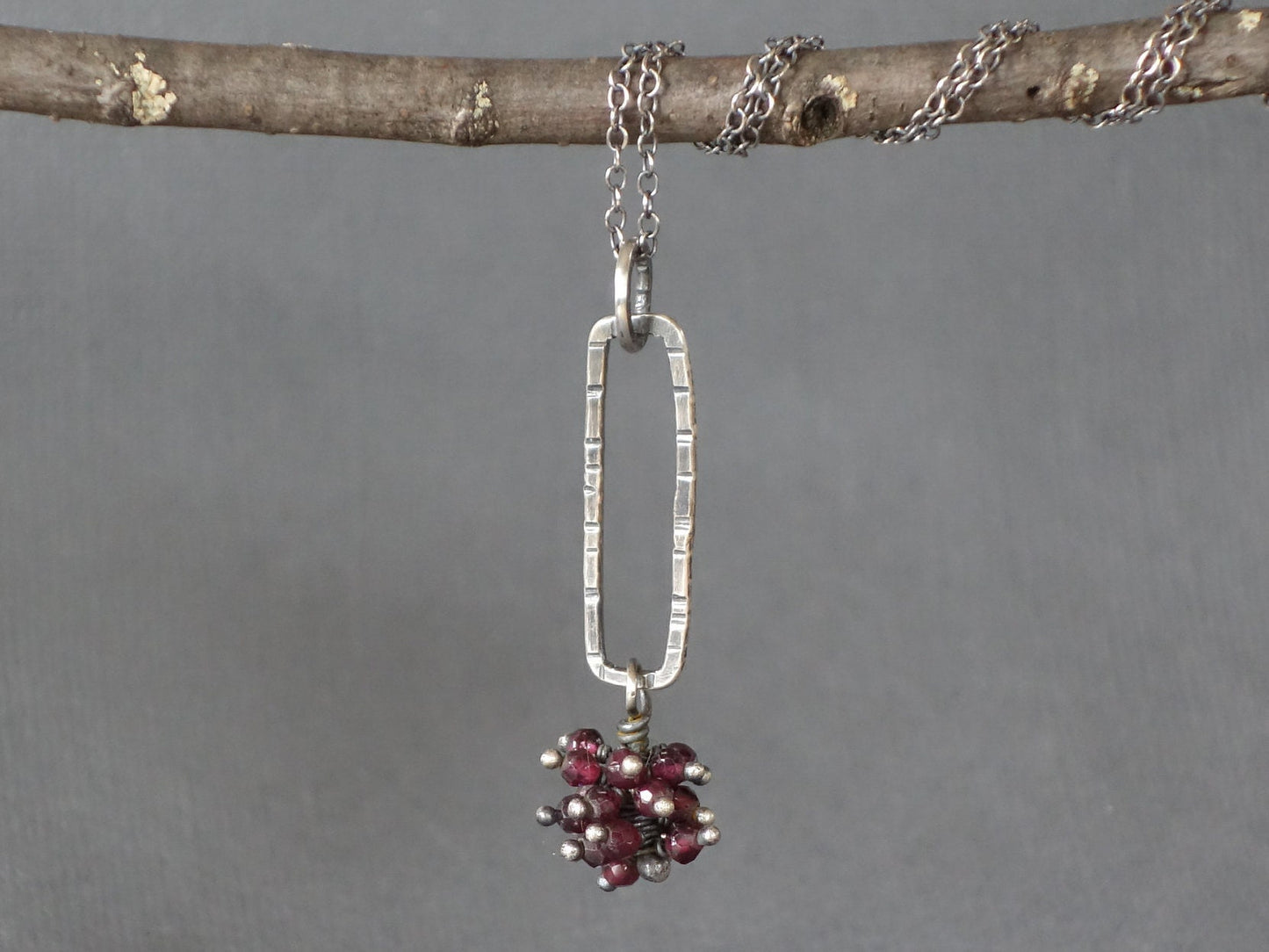 Garnet Pendant, January Birthday Gift, Birthstone Necklace, Rectangle Pendant, Metalwork Pendant