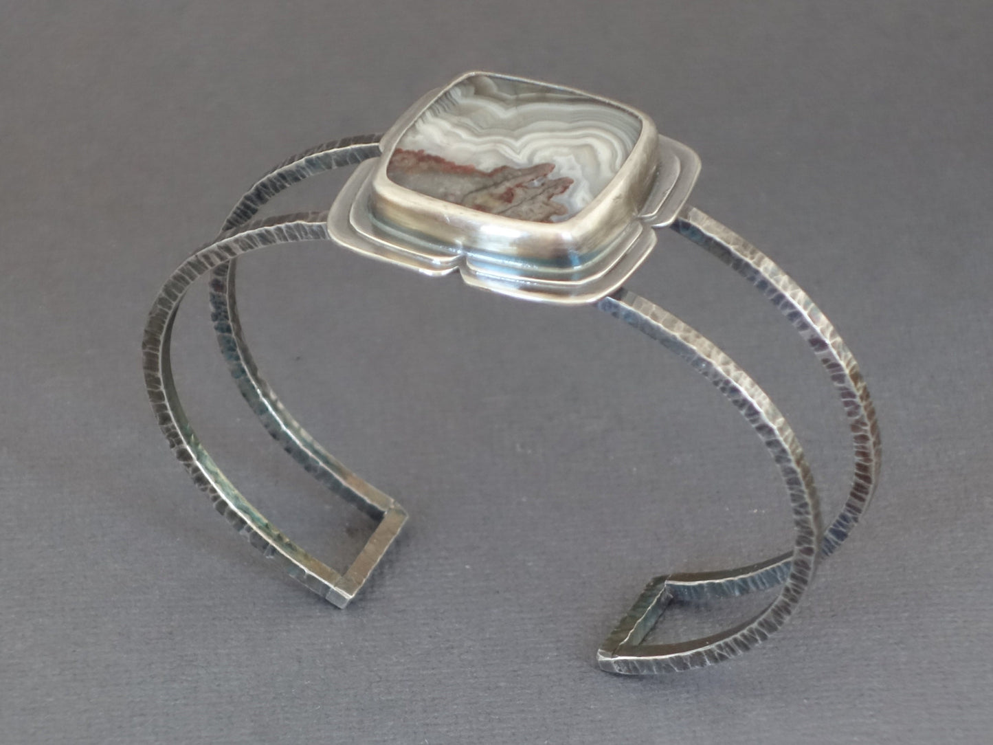 Silver Agate Cuff, Textured Cuff, Silver Statement Bracelet, Artisan cuff, Quatrefoil, Square Stone, Stone Cuff Bracelet, Agate Bracelet