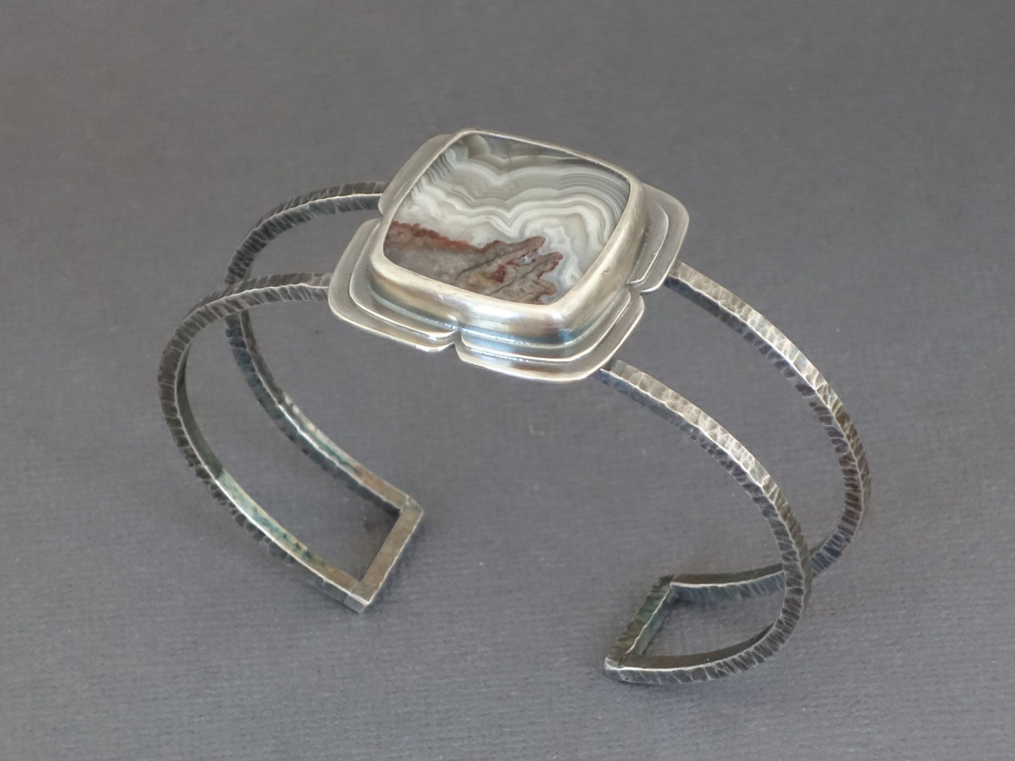 Silver Agate Cuff, Textured Cuff, Silver Statement Bracelet, Artisan cuff, Quatrefoil, Square Stone, Stone Cuff Bracelet, Agate Bracelet