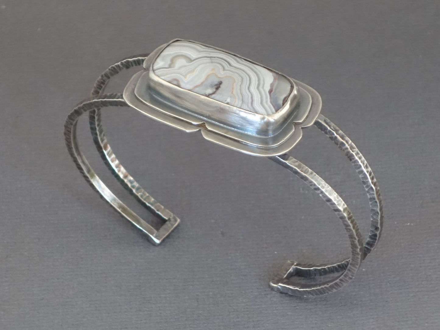 Silver Agate Cuff, Textured Cuff, Silver Statement Bracelet, Artisan cuff, Quatrefoil, Rectangle Stone, Stone Cuff Bracelet, Agate Bracelet