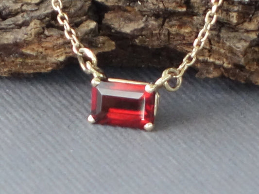 Gold Garnet Pendant, 14k Yellow Gold Garnet Pendant, Emerald Cut Garnet Pendant, East West Setting, Gold Prong Set Garnet Necklace