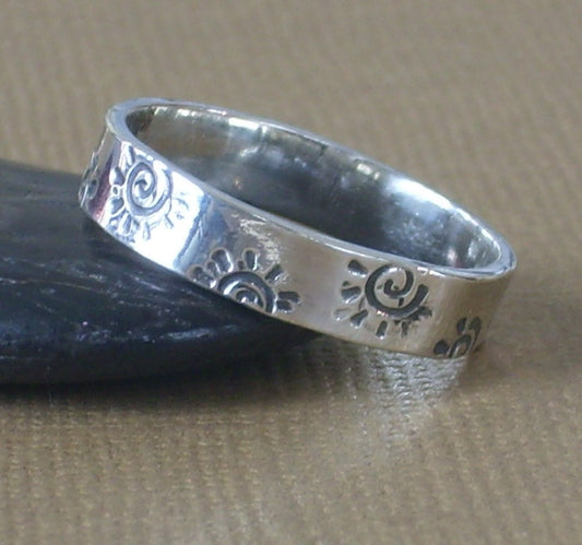 Stackable Ring Spiral Sun Burst Hand Stamped Band