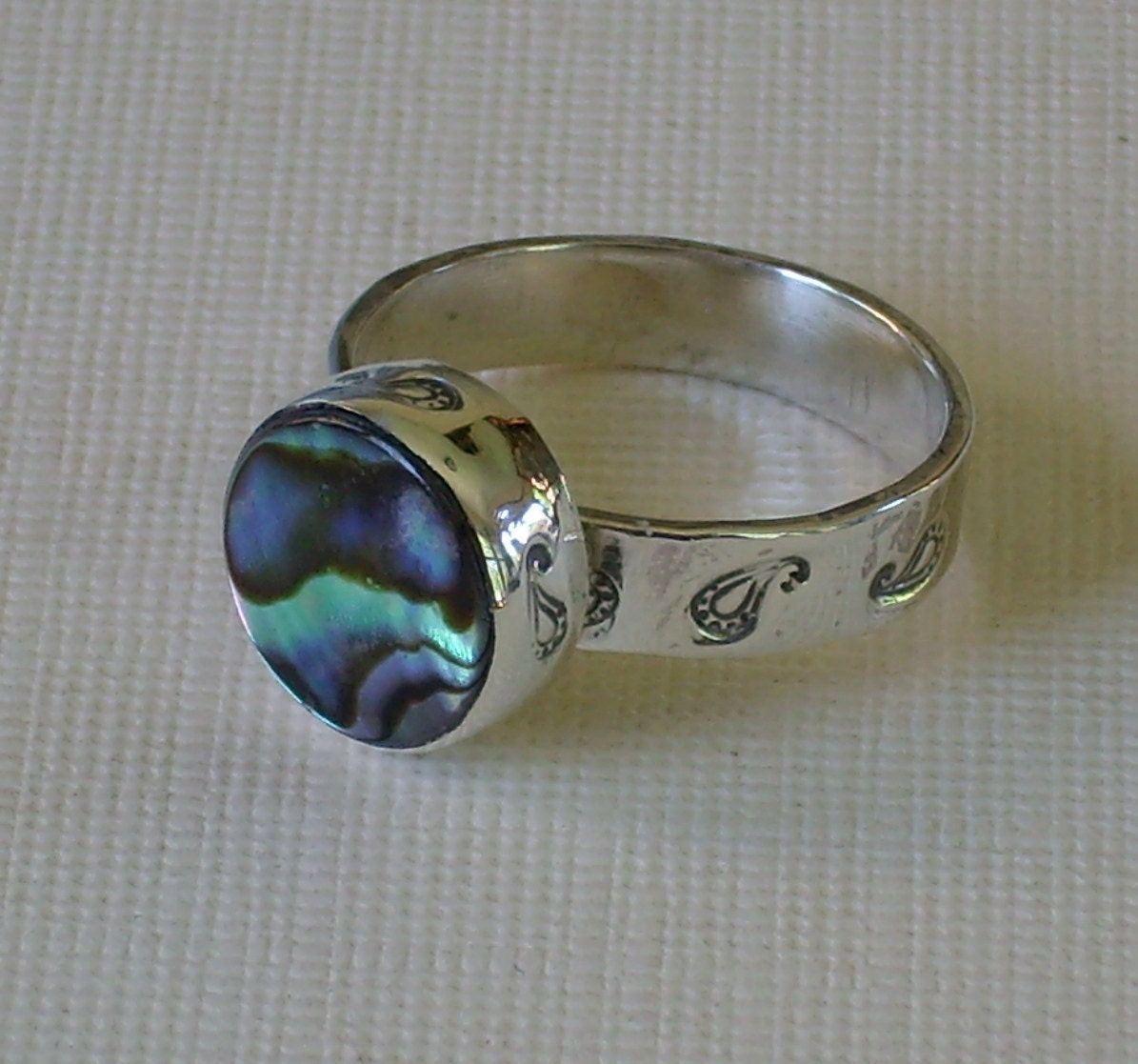 Abalone Ring Paisley Stamped Round Bezel Set Abalone Shell ring Shell Jewelry