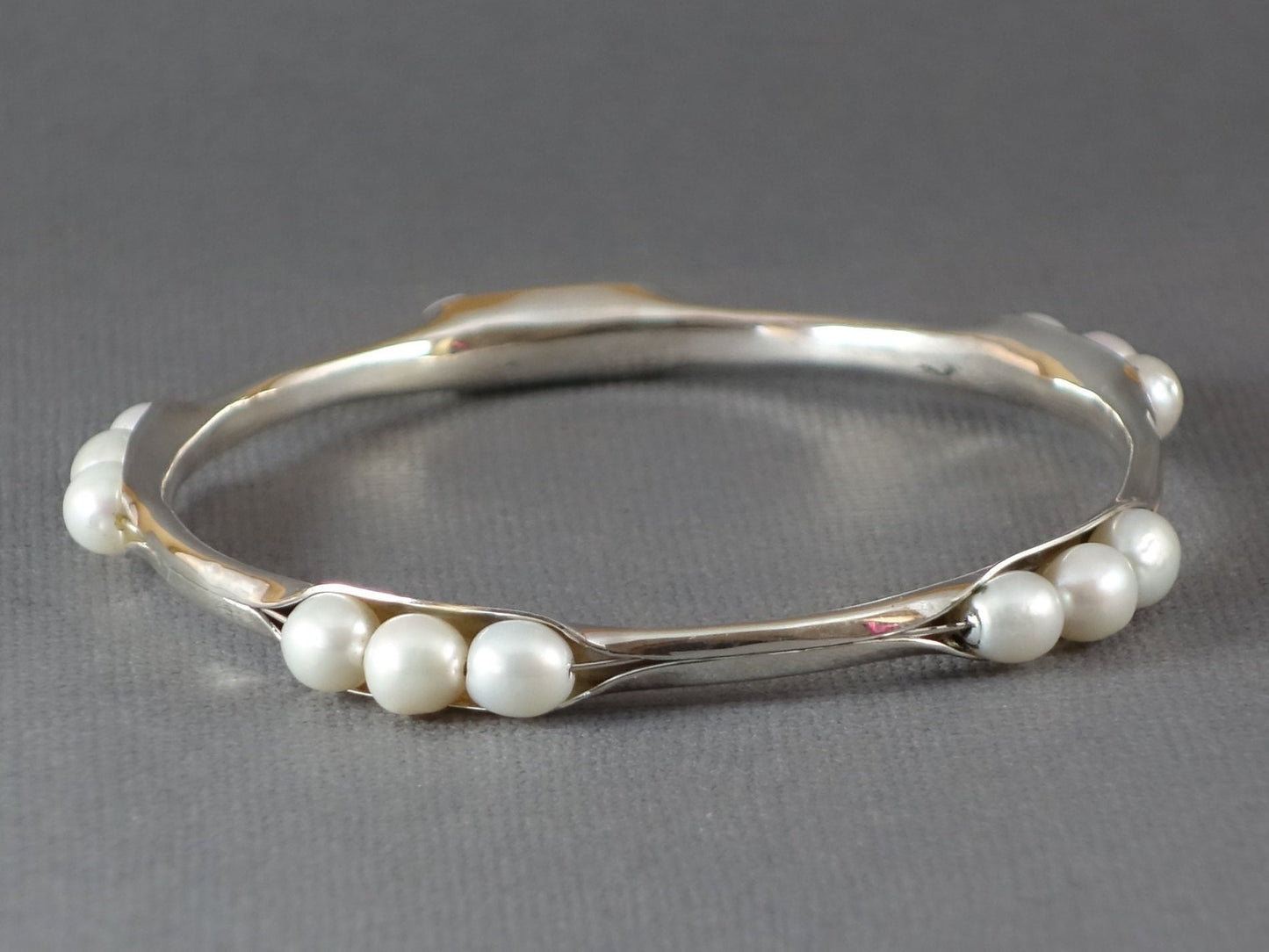 Anticlastic Bangle with White Pearls, Silver Bangle, 5 station
