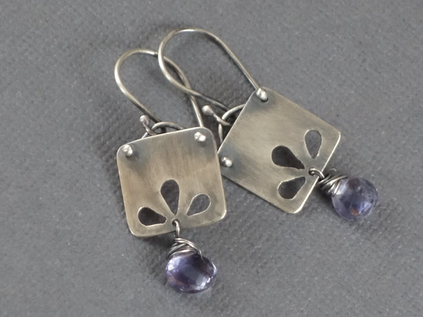 Iolite Earrings, Violet Earrings, Blue Earrings, Gemstone Dangle Earrings, Pierced Metalwork Earrings, Gemstone Briolette Earrings