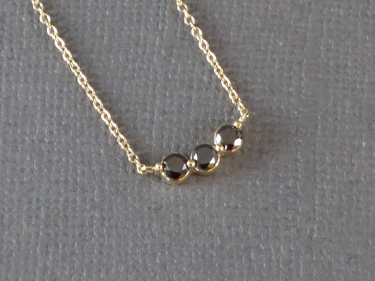 14k Gold Necklace with Black Diamonds, 3 Stone Diamond Pendant, Diamond Curved Bar, Past Present Future Necklace, Diamond Pendant.