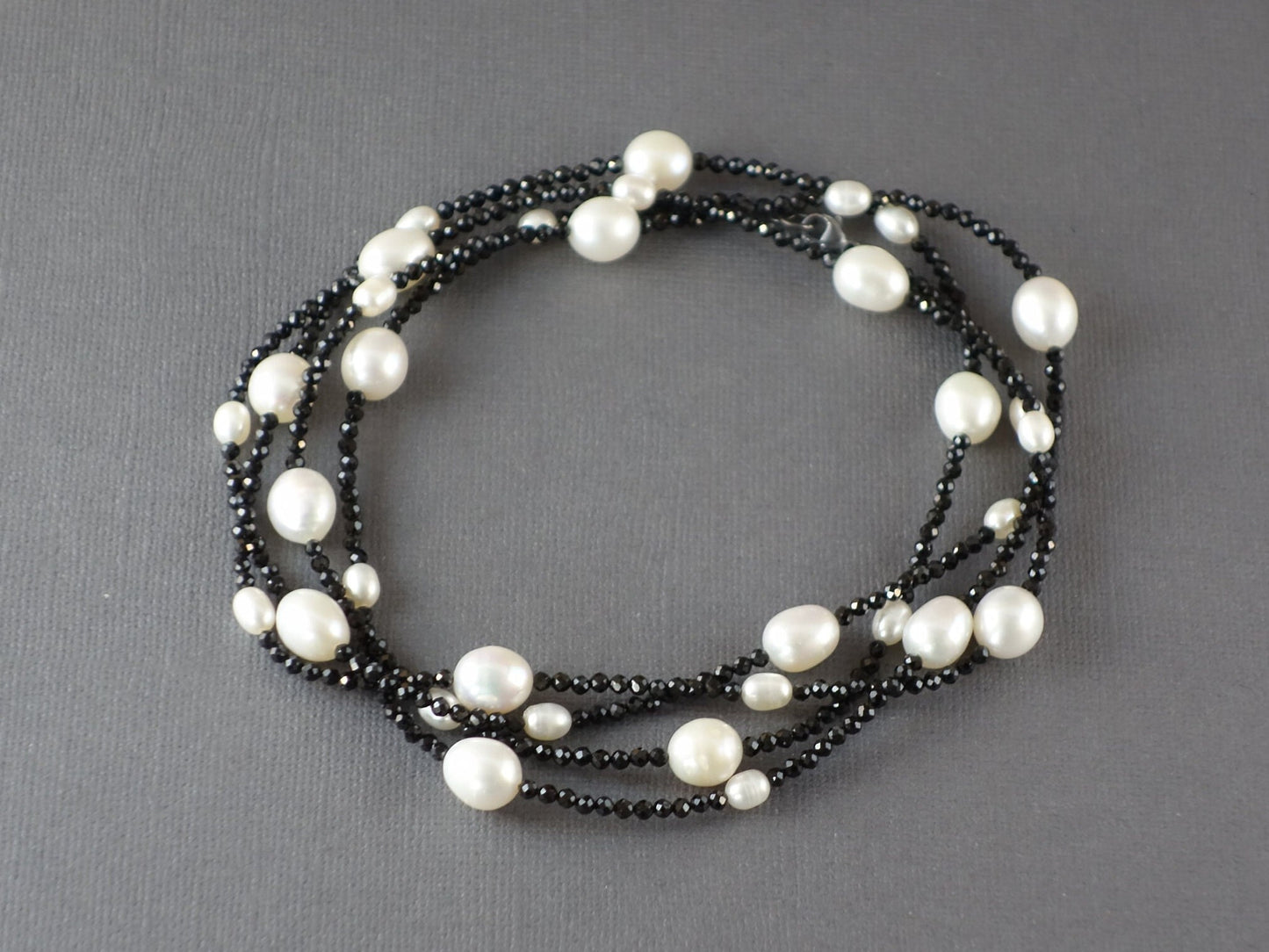 Long Black Spinel and Pearl Necklace, White Pearl Necklace, Black and White Necklace,