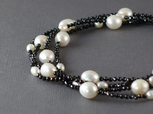 Long Black Spinel and Pearl Necklace, White Pearl Necklace, Black and White Necklace,