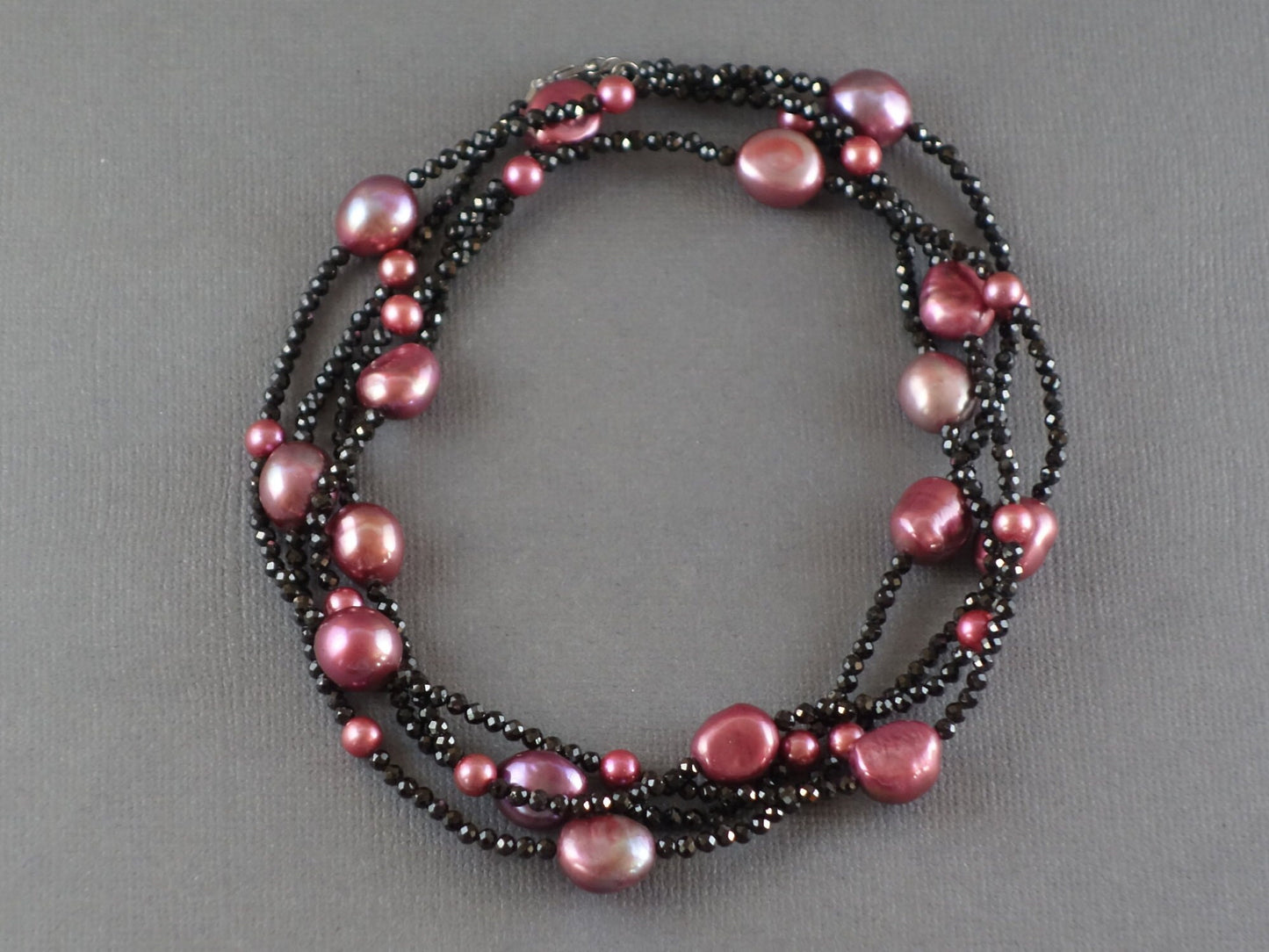 Long Pearl Necklace, Pink Pearl Necklace, Black Spinel Necklace, 48 inch Pearl Necklace,