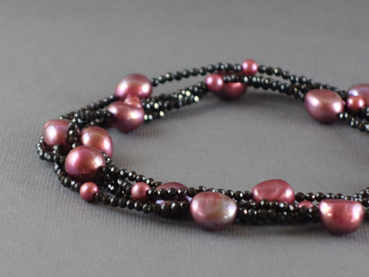 Long Pearl Necklace, Pink Pearl Necklace, Black Spinel Necklace, 48 inch Pearl Necklace,