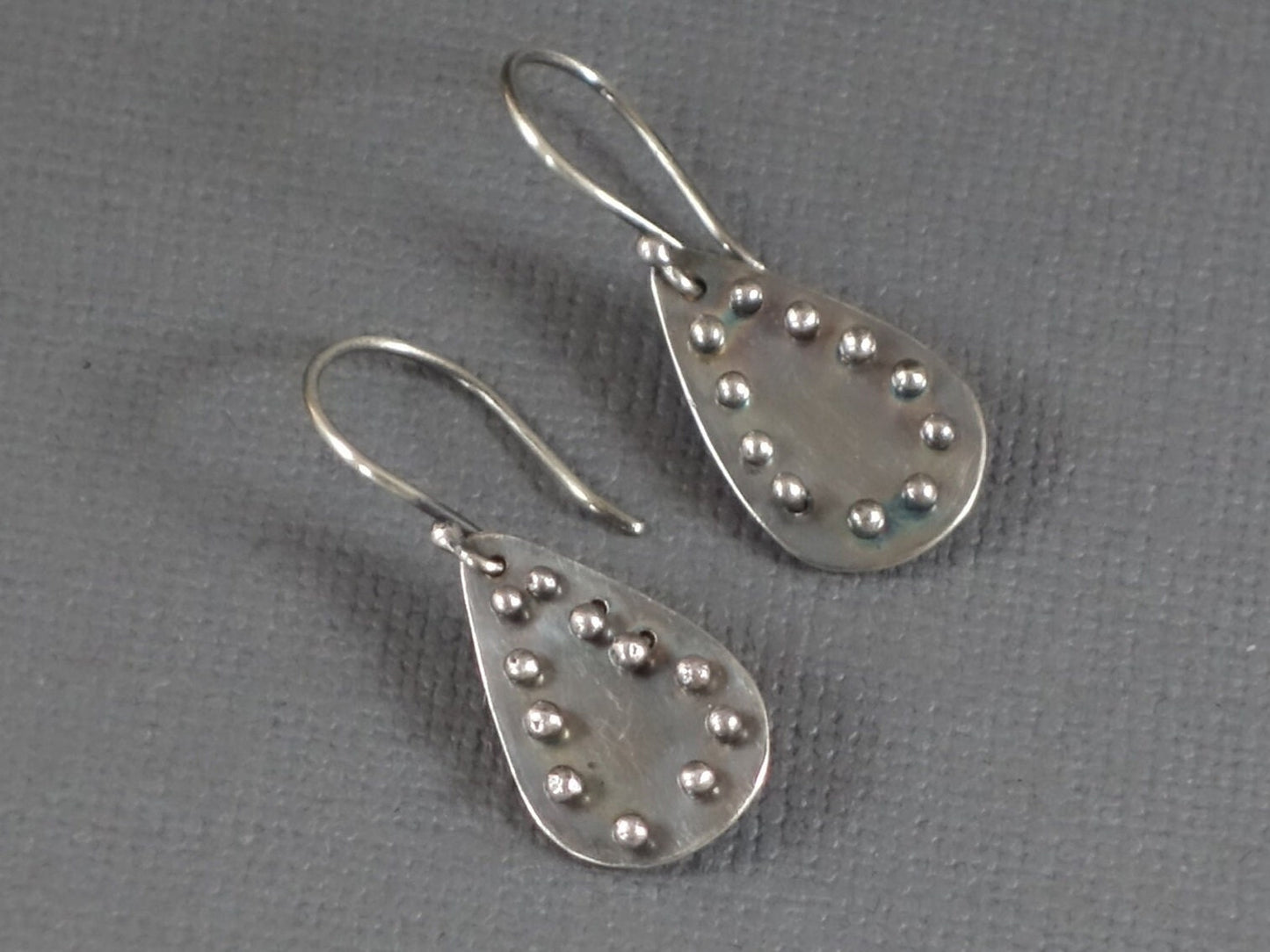 Silver Teardrop Earrings, Studded Earring, Textured Dangle Earring, Pinned Earrings, Black and Silver earrings,