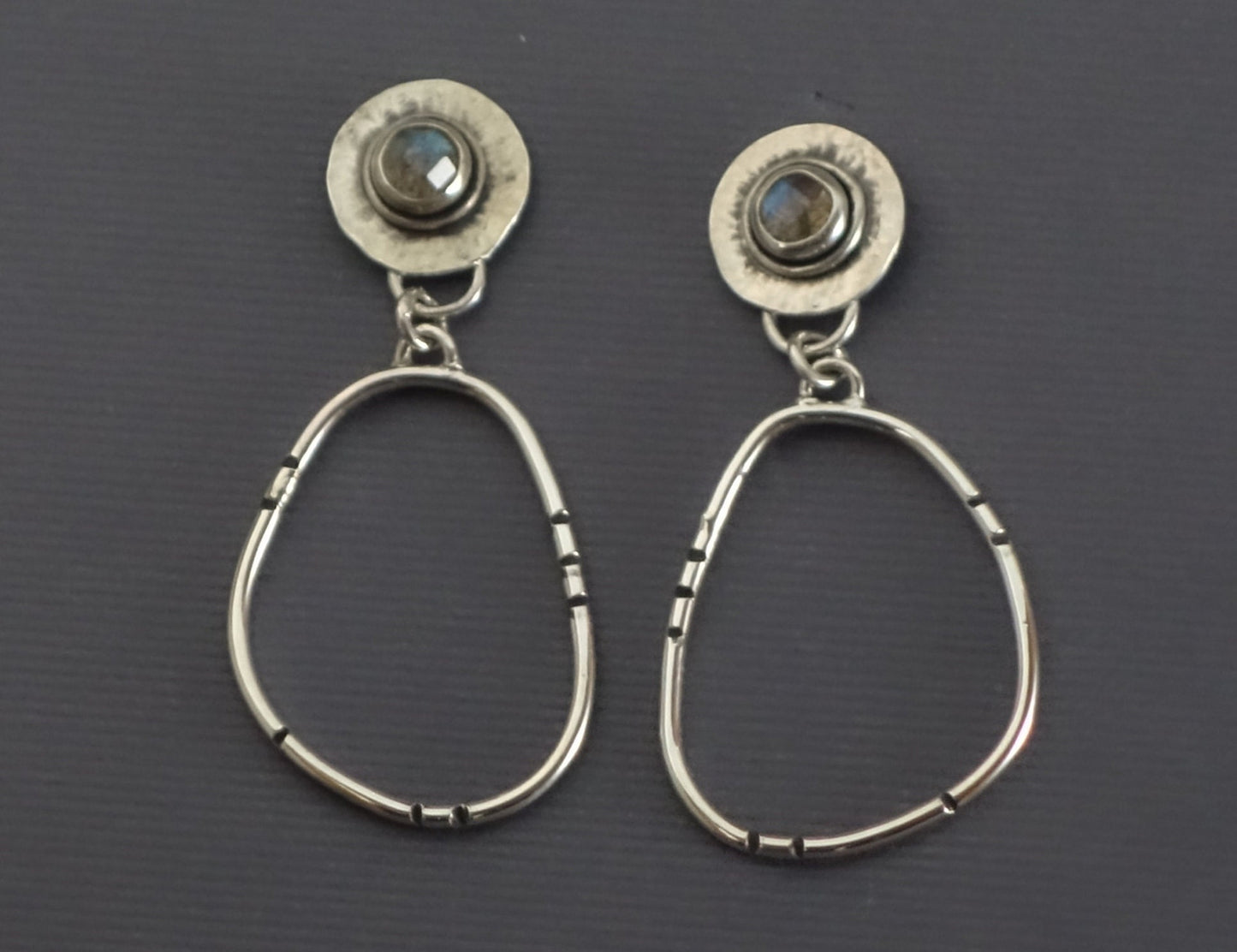Labradorite Post Earrings, Labradorite Earrings, Post Earring with Oval Hoop Dangle, Labradorite Earrings