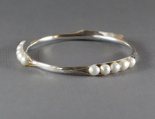 Anticlastic Bangle with White Pearls, Silver Bangle, 3 station