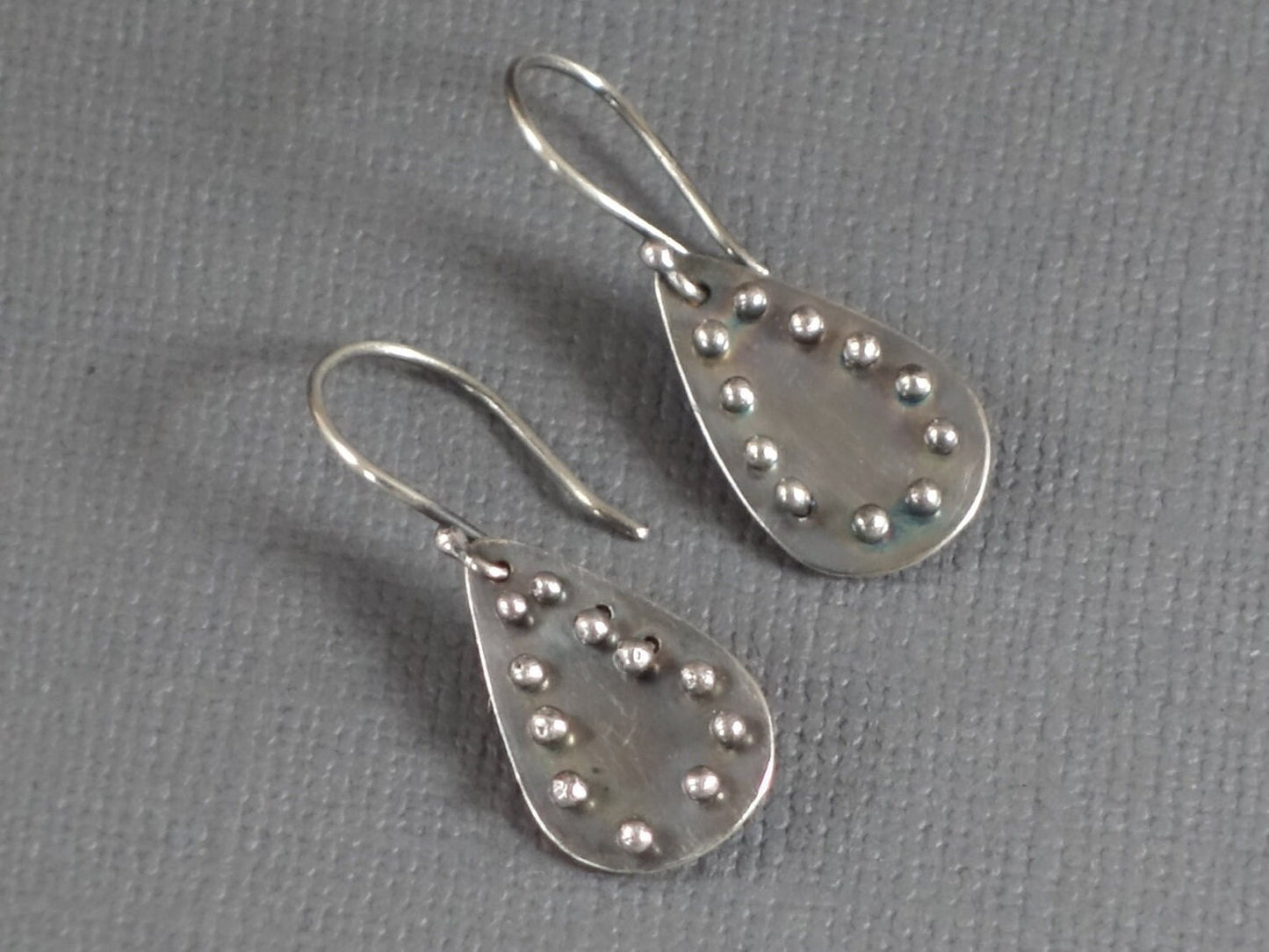 Silver Teardrop Earrings, Studded Earring, Textured Dangle Earring, Pinned Earrings, Black and Silver earrings,