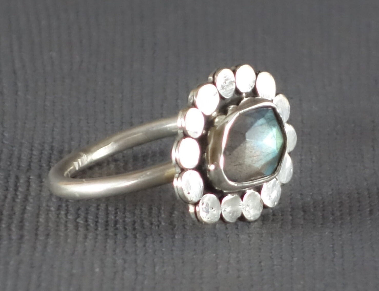 Labradorite Ring, Flower Ring, Silver Flower Ring, Dot Ring