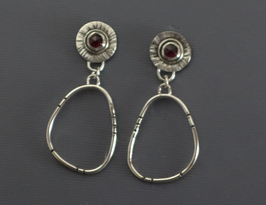 Garnet Post Earrings, Garnet Earrings, Post Earring with Oval Hoop Dangle, Garnet Earrings
