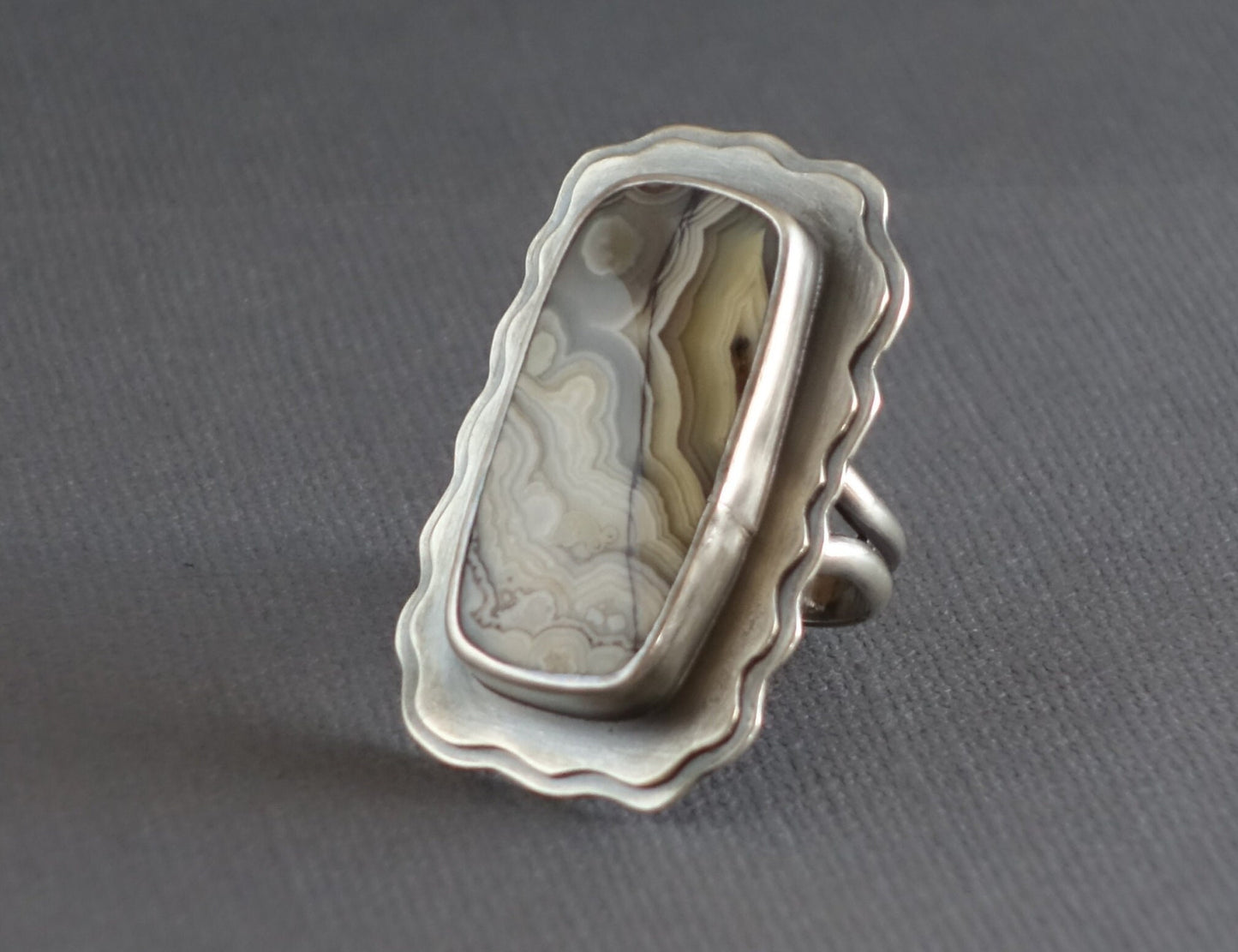 Big Agate Ring, Crazy Lace Agate Ring, Silver Agate Ring