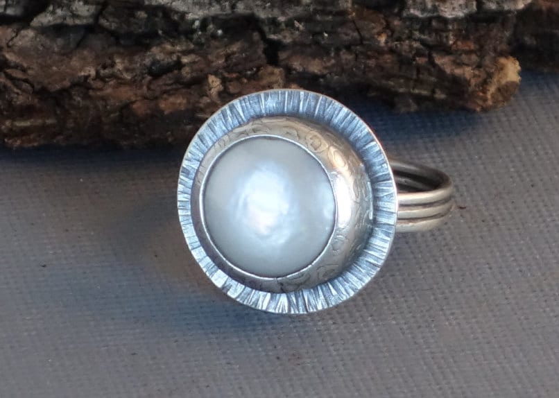 Pearl Ring, Silver Ring, Textured Ring, Coin Pearl Ring, White Pearl Ring,