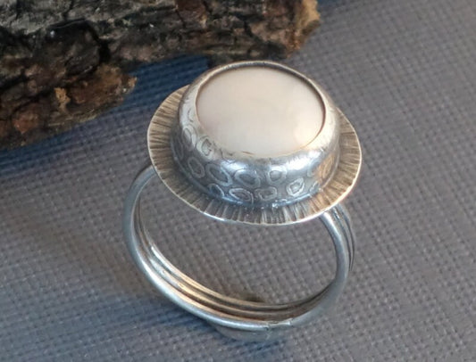 Pearl Ring, Silver Ring, Textured Ring, Coin Pearl Ring, White Pearl Ring,