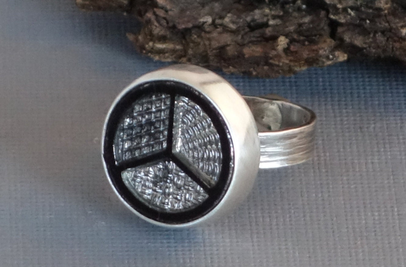 Button Ring, Mercedes Ring, Antique Glass Button Ring, Silver Ring, black and white